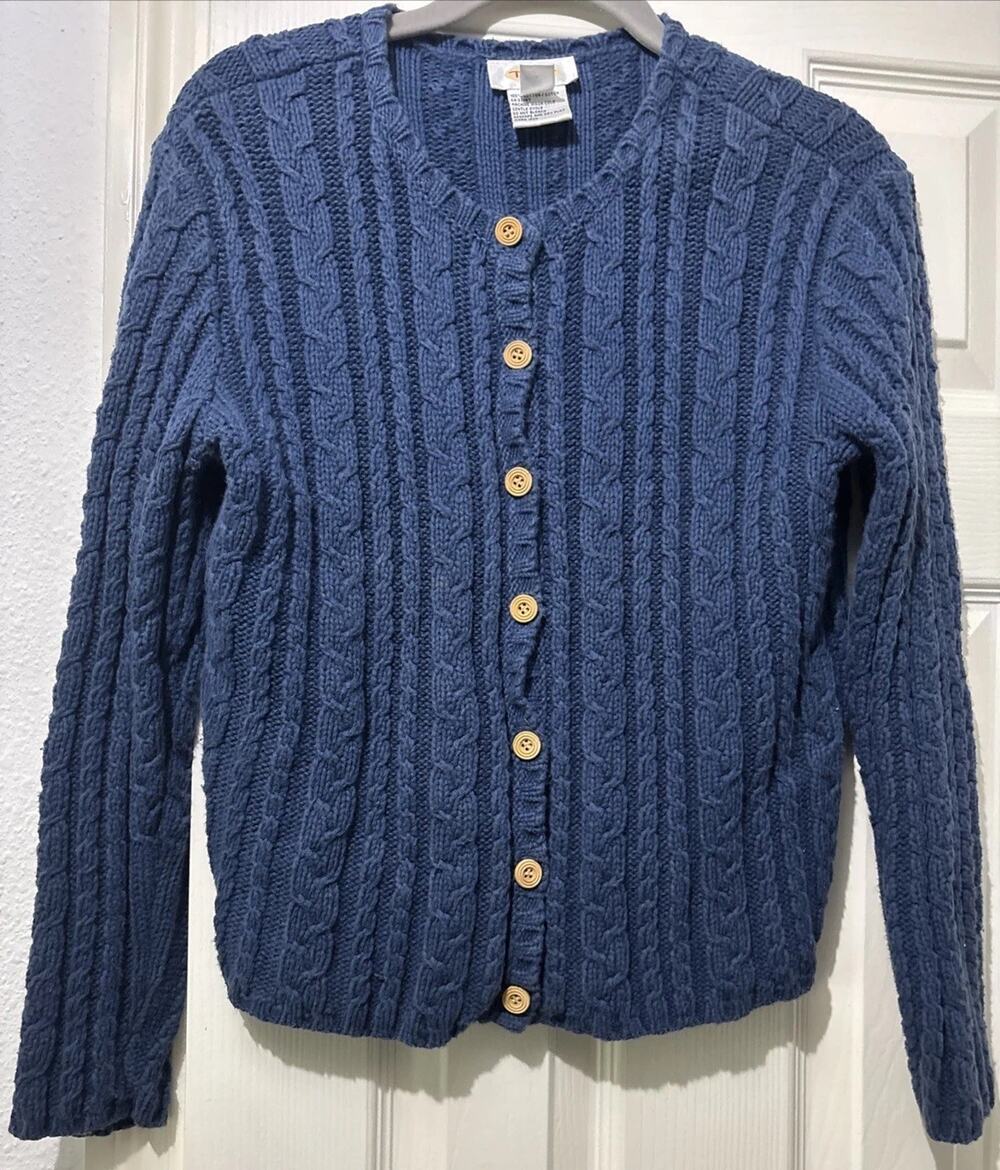 Talbots Vintage Cable Knit Cardigan Sz S Blue Cotton Asymmetric Wood Button